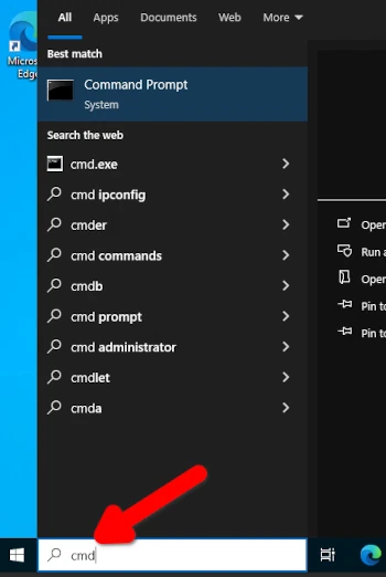 Searching for Command Prompt in Windows 10. Windows 10 Start menu with cmd search query. Windows 10 Start menu search field with "cmd" typed in, showing Command Prompt as the primary search result.