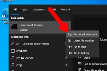 Administrator options for Command Prompt. Windows 10 Command Prompt elevated access menu. Right-click menu for Command Prompt with "Run as administrator" option highlighted by a red pointer.