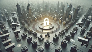 PrivacyLearn hero image: Cybersecurity concept art showing a glowing padlock surrounded by a futuristic cityscape with surveillance cameras and eye symbol, The scene depicts digital privacy and security in a cyberpunk-style metropolis, illustrating the tension between personal data protection and mass surveillance in an interconnected world.