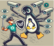 Tux the penguin runs with a shield amid watching eyes and security cameras.