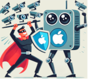 A caped superhero wielding a shield defends an Apple logo against surveillance cameras.