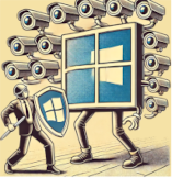 A figure carries a Windows logo-shield while being watched by surveillance cameras.